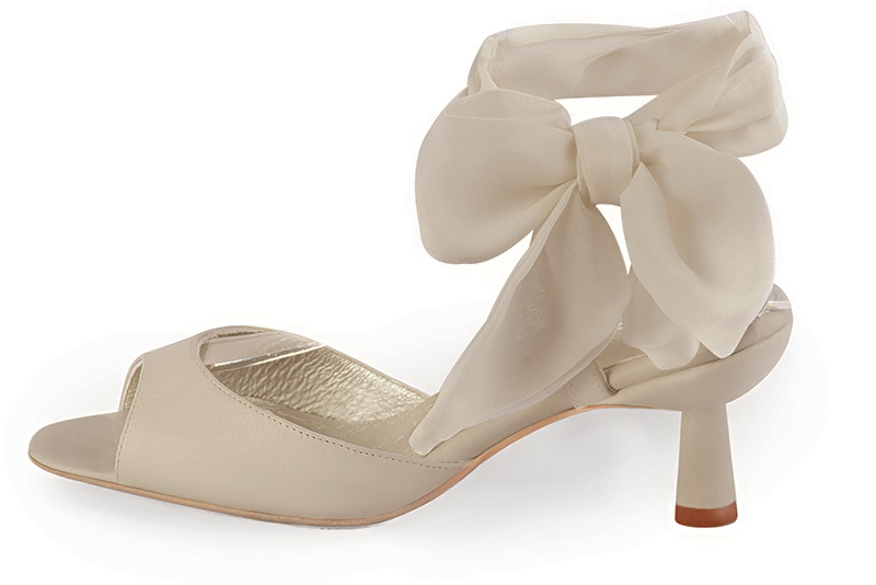 Champagne white women's open back sandals, with a scarf around the ankle. Square toe. Medium spool heels. Profile view - Florence KOOIJMAN